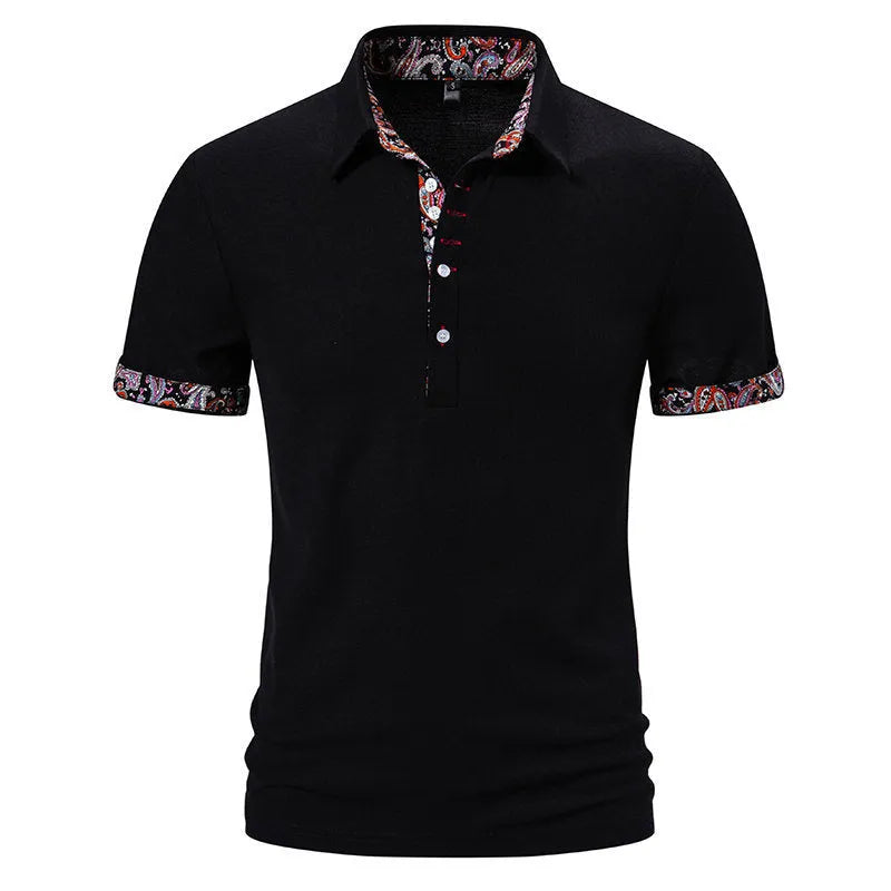 Men's navy blue polo shirt with a turnover collar featuring white contrast stitching and short sleeves.