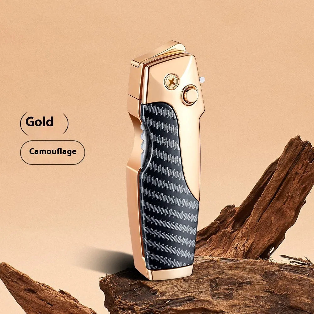 Metal folding outdoor lighter with integrated knife in a zinc alloy case, showing various colour options.