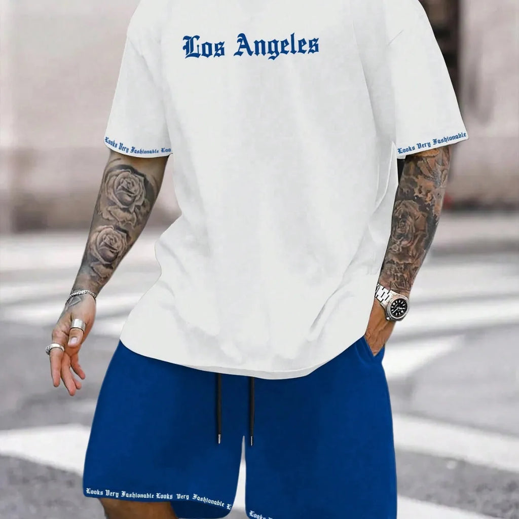 Men's grey sports short sleeve top and matching shorts set on hanger