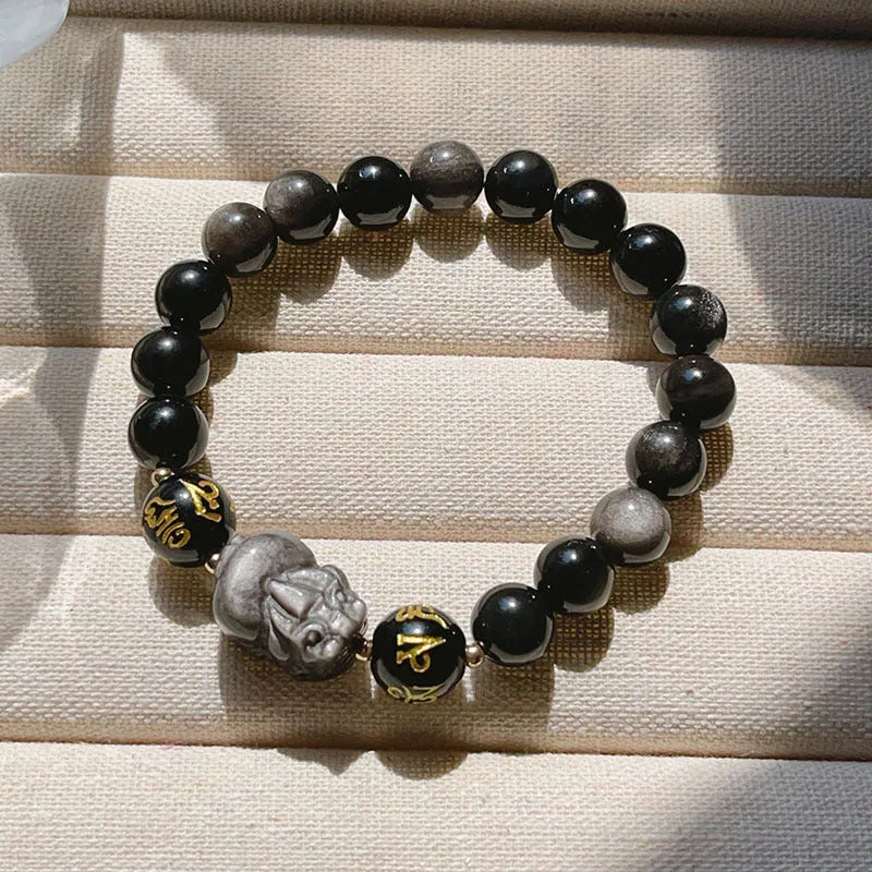 Silver stone men's bracelet with Chinese zodiac symbols and engraved proverbs on beaded design