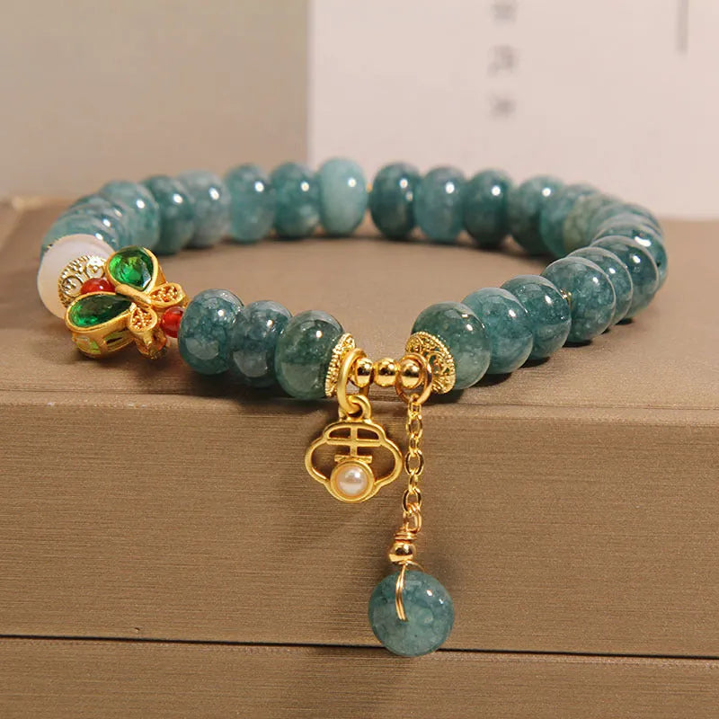 Blue water jade abacus beads crystal bracelet with white agate and alloy gemstone inlay