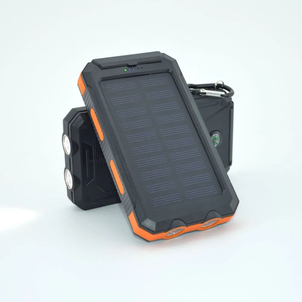 Black solar power bank with dual LED headlights showing 20000mAh capacity label