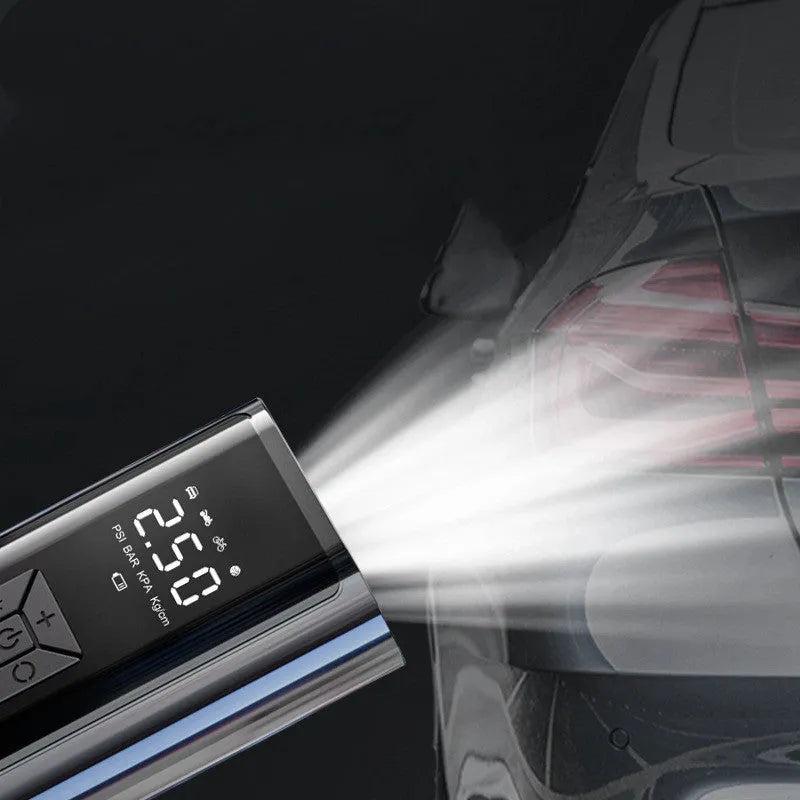 Portable wireless digital display car tyre pump with ABS casing, digital screen, and inflatable hose.