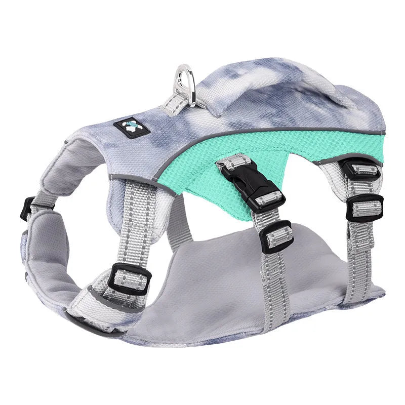 Reflective pet cooling clothes chest strap in light blue, pink, dark blue, and orange colour options