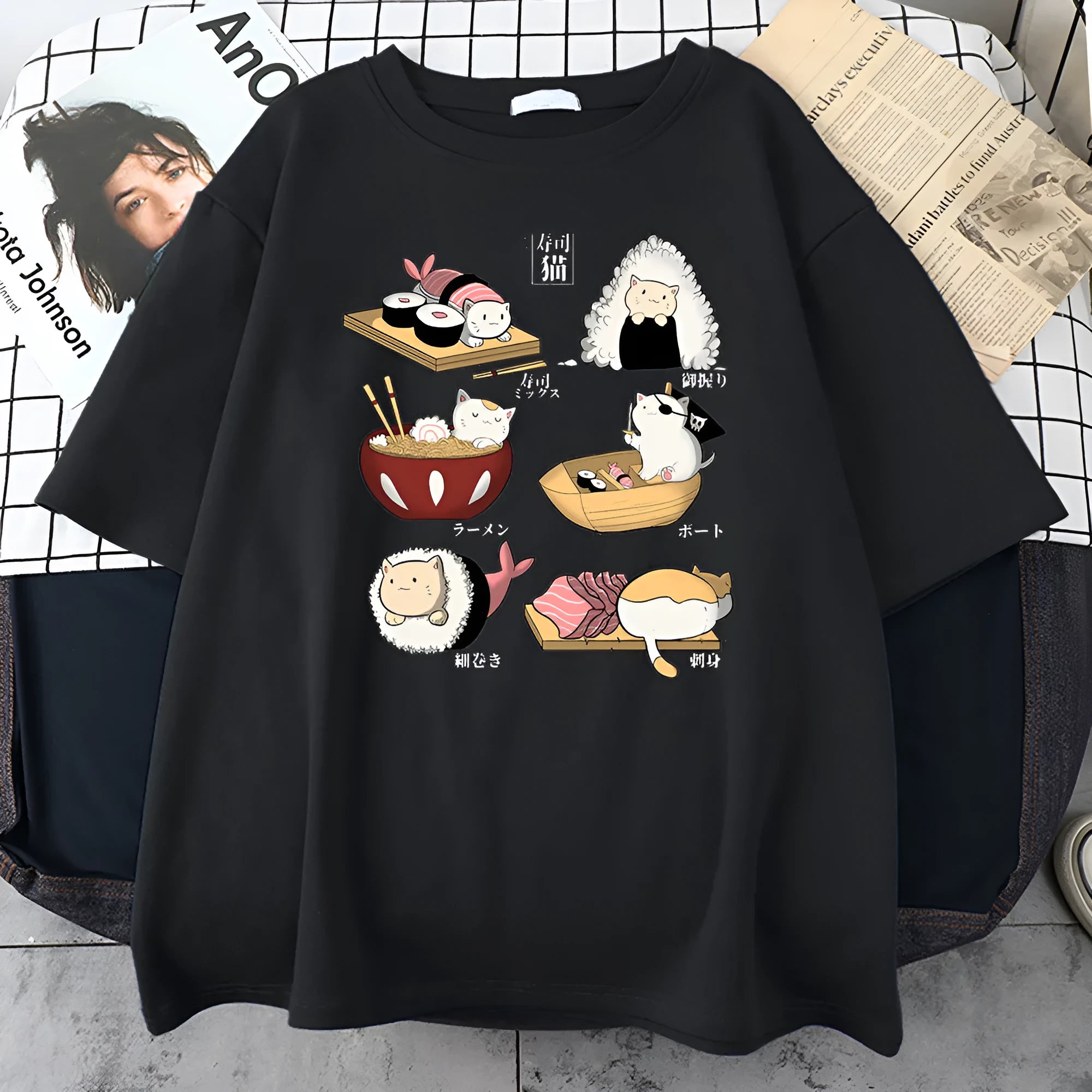 Men's black cotton t-shirt with cute cat sushi cartoon print design, short sleeves, loose fit