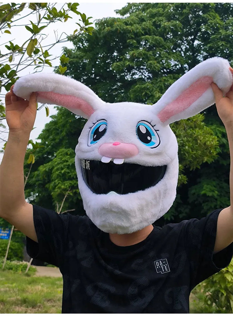 White plush rabbit head decorative cover on a motorcycle helmet for electric scooter commuting