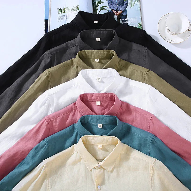 Men's pure linen long sleeve shirt in cardigan style, shown in a solid colour.