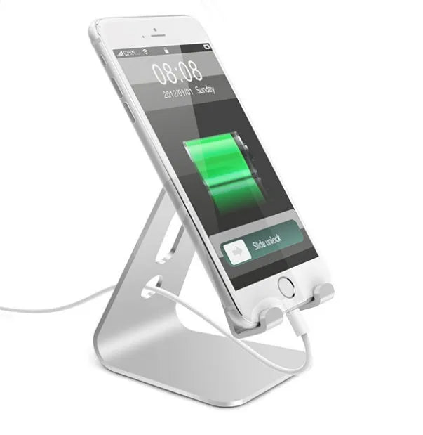 Aluminium alloy universal phone and tablet holder stand in silver, shown holding a smartphone at an angle.