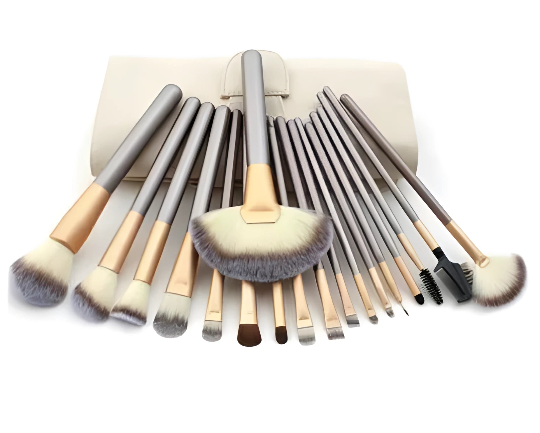 Persian make-up brush set with white bristles and champagne handles in 12, 18 or 24 piece options