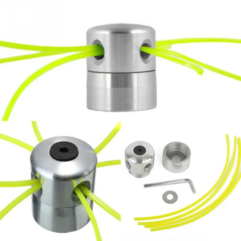 Silver aluminium Luzhu grass trimmer replacement head with four light yellow nylon ropes and a wrench.