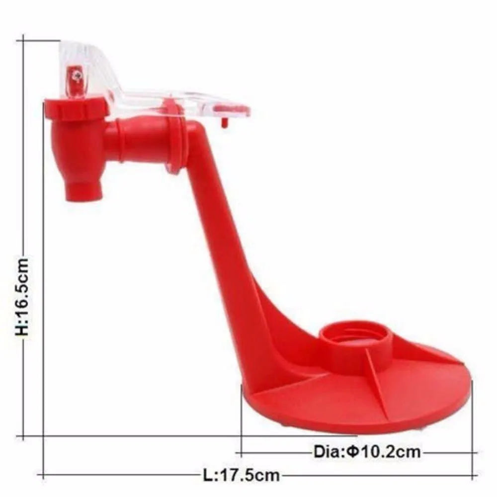 Red plastic Magic Tap soda dispenser attached to 2-litre bottle for push-button pouring