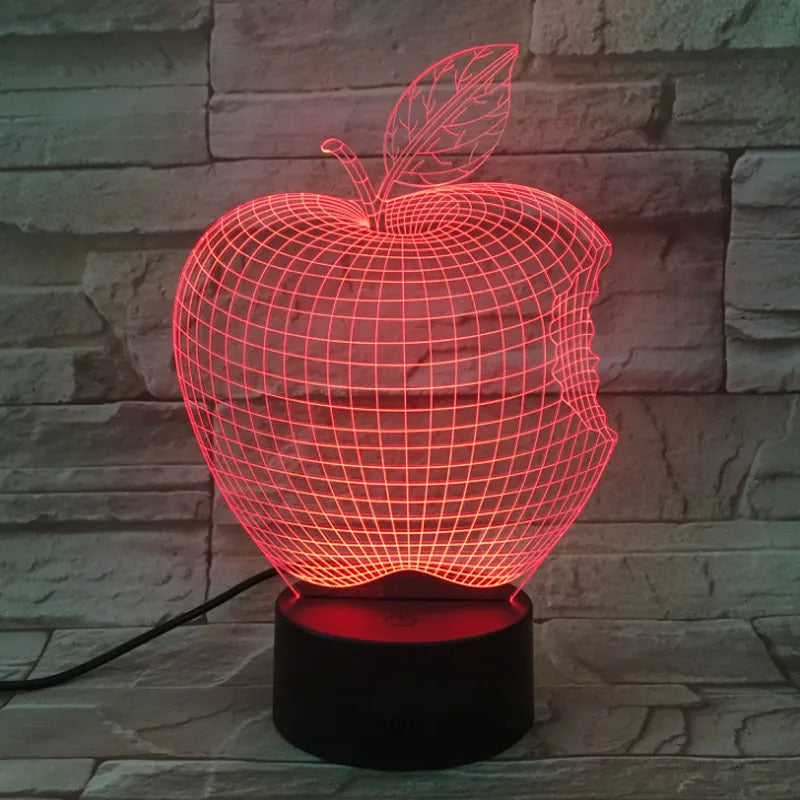 3D fruit-shaped colourful LED night light with acrylic shade and touch control.