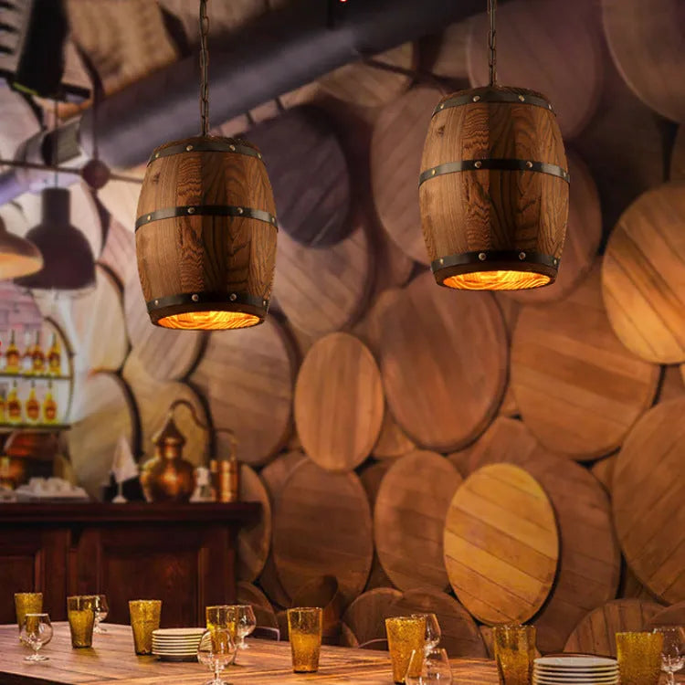 Creative wine barrel wooden chandelier with LED bulb and adjustable chain