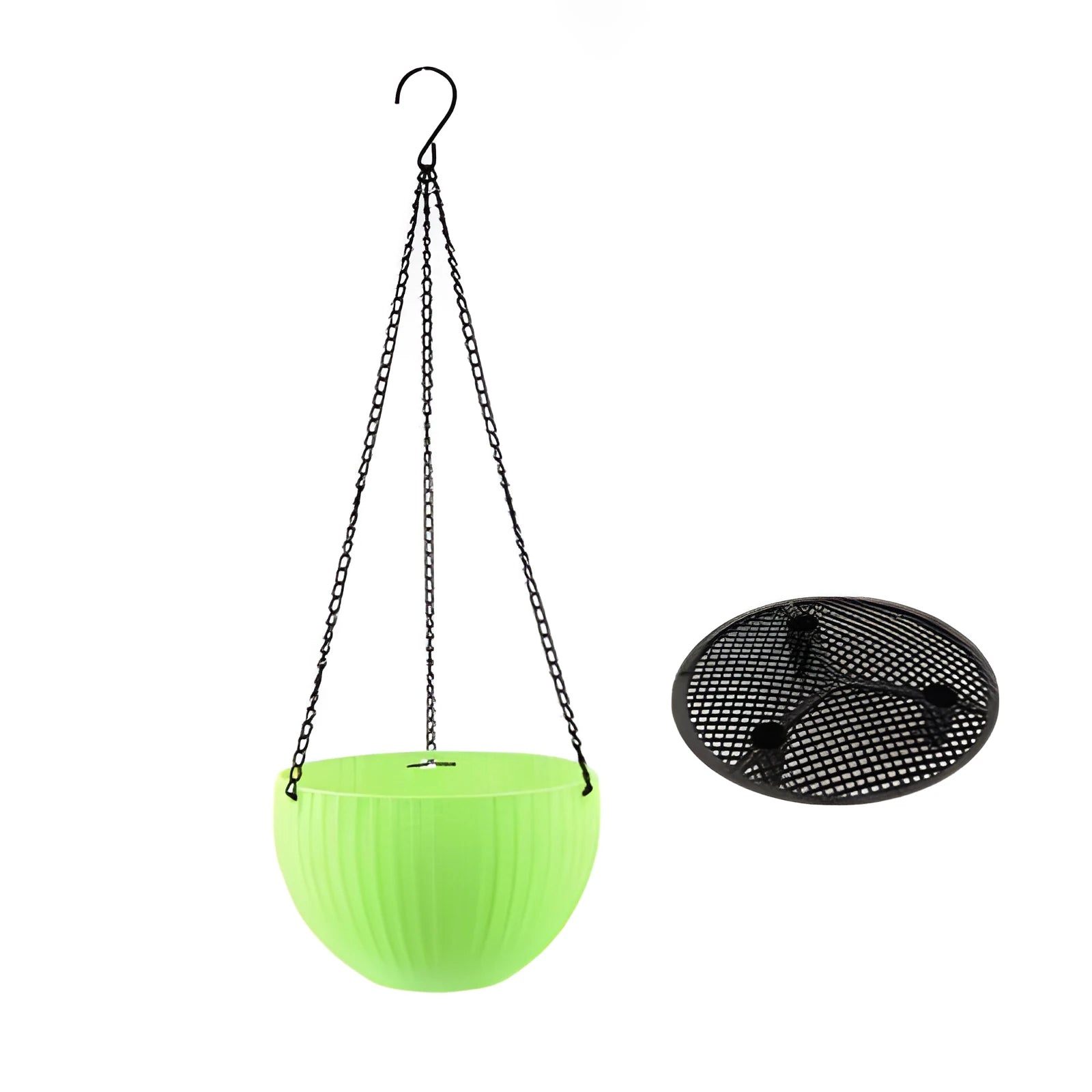 Plastic hanging basket planter with chain in one of seven colours: black, blue, bronze, green, grey, red, or white.