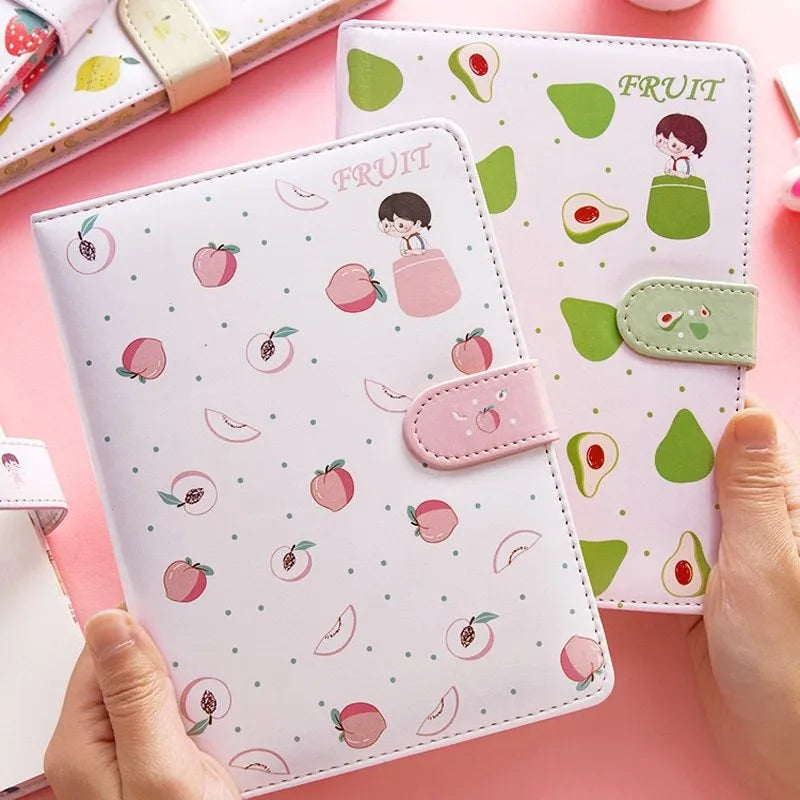 Fruit print notebook planner with magnetic buckle, imitation leather cover, kawaii illustration, A6 size 18.6x13.8cm
