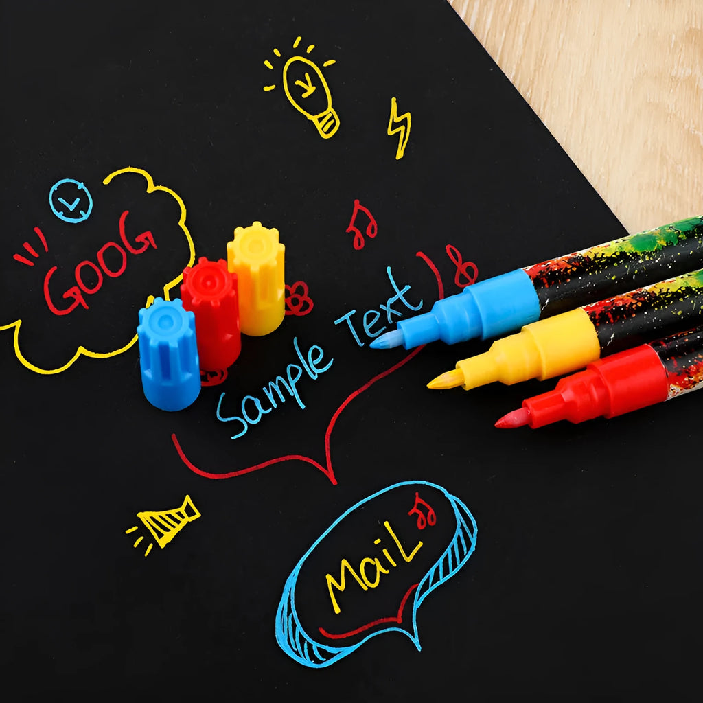 Set of six colourful acrylic graffiti marker pens with 0.7mm tips in plastic packaging