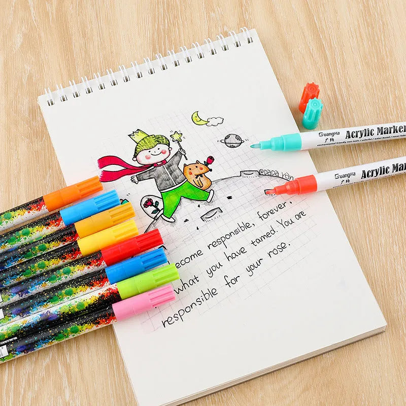 Set of six colourful acrylic graffiti marker pens with 0.7mm tips in plastic packaging