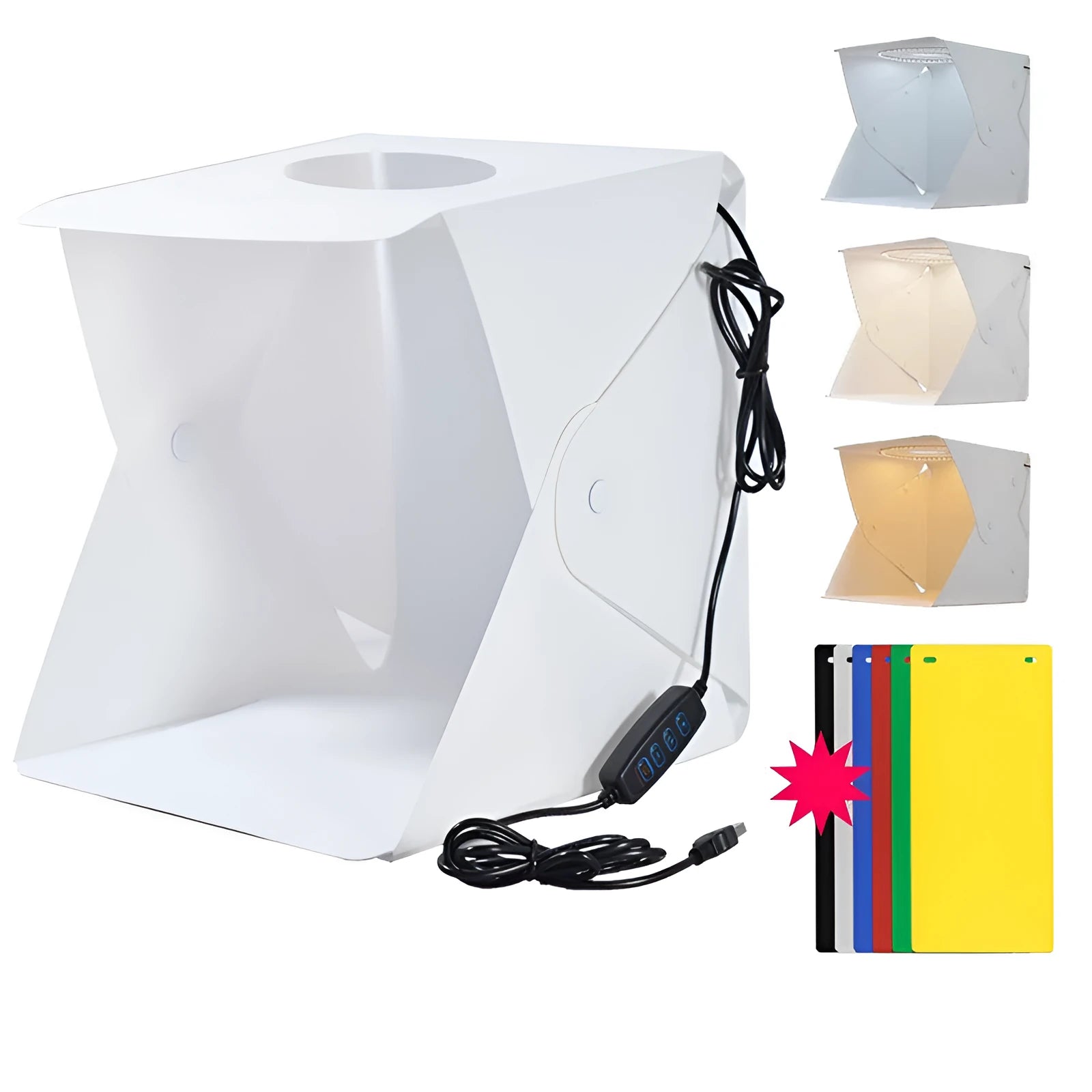 40cm folding studio fill light with adjustable LED lighting and six colour background cloths