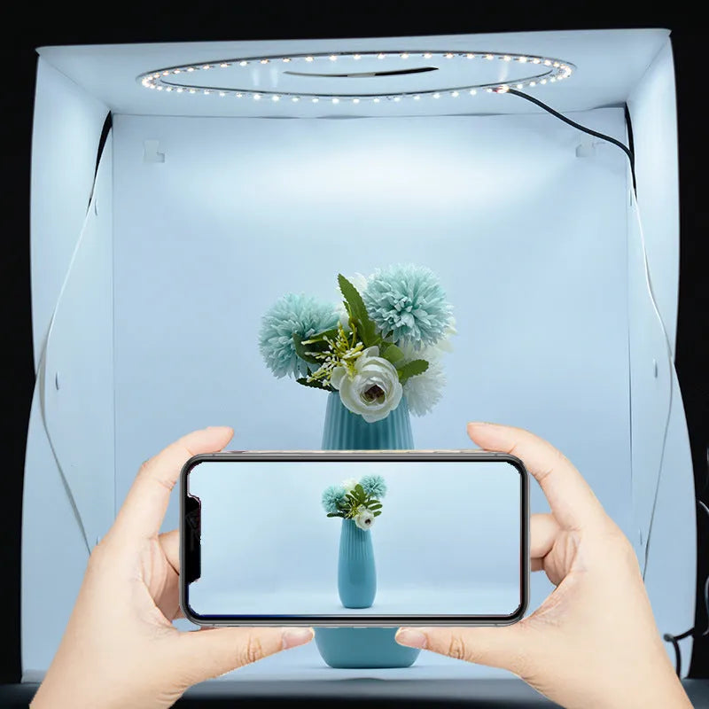 40cm folding studio fill light with adjustable LED lighting and six colour background cloths
