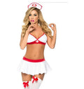 White polyester three-point sexy nurse costume with lingerie styling on a model