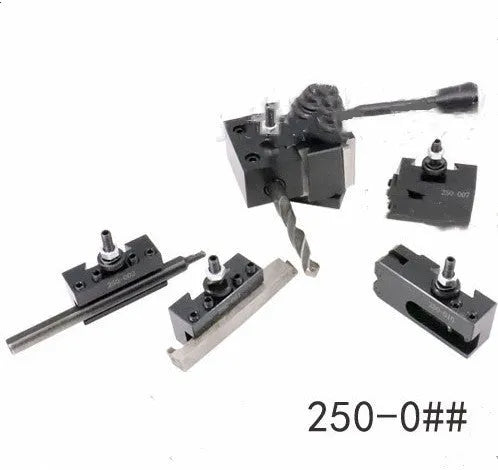 Machifit 250-000 steel quick change tool post and lathe tool holders on a workshop bench