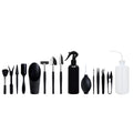 Miniature black plastic and metal garden tool set for succulents with shovel, rake, tweezers, watering bottle, and cushion.