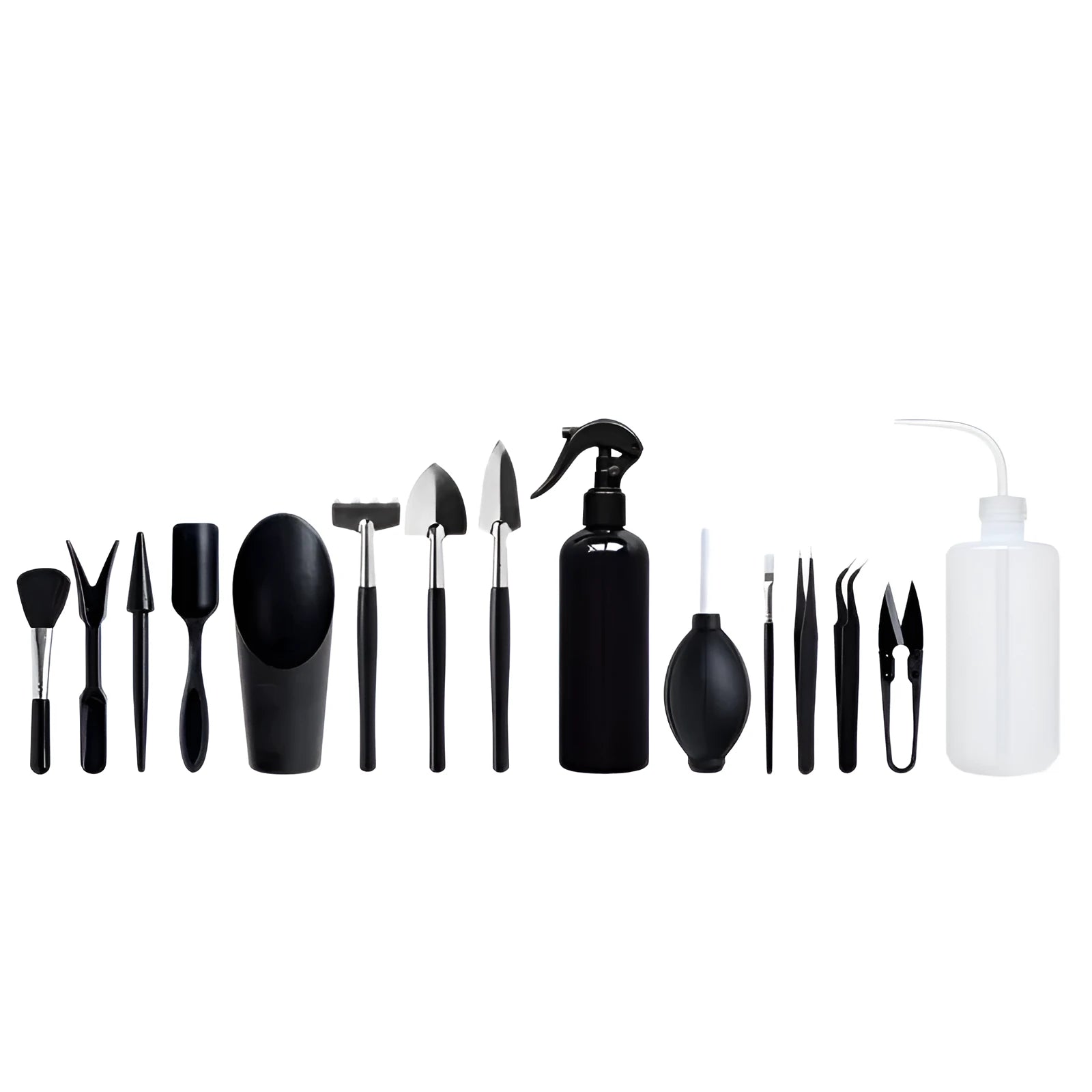 Miniature black plastic and metal garden tool set for succulents with shovel, rake, tweezers, watering bottle, and cushion.