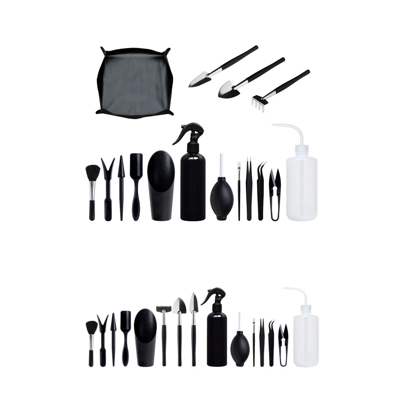 Miniature black plastic and metal garden tool set for succulents with shovel, rake, tweezers, watering bottle, and cushion.