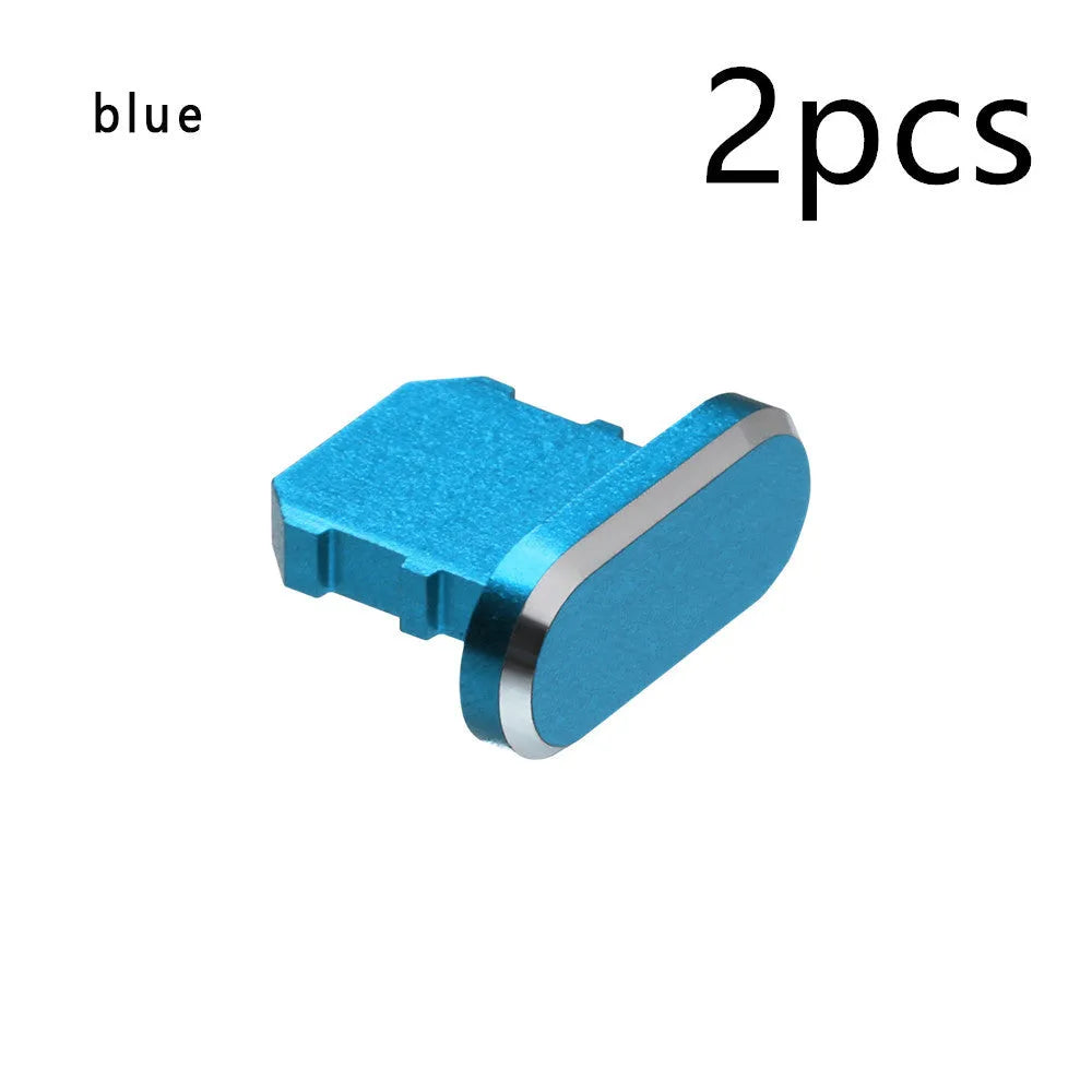 Aluminium alloy dust plug for iPhone charging port in various colours including gold, silver, blue, and rose gold.