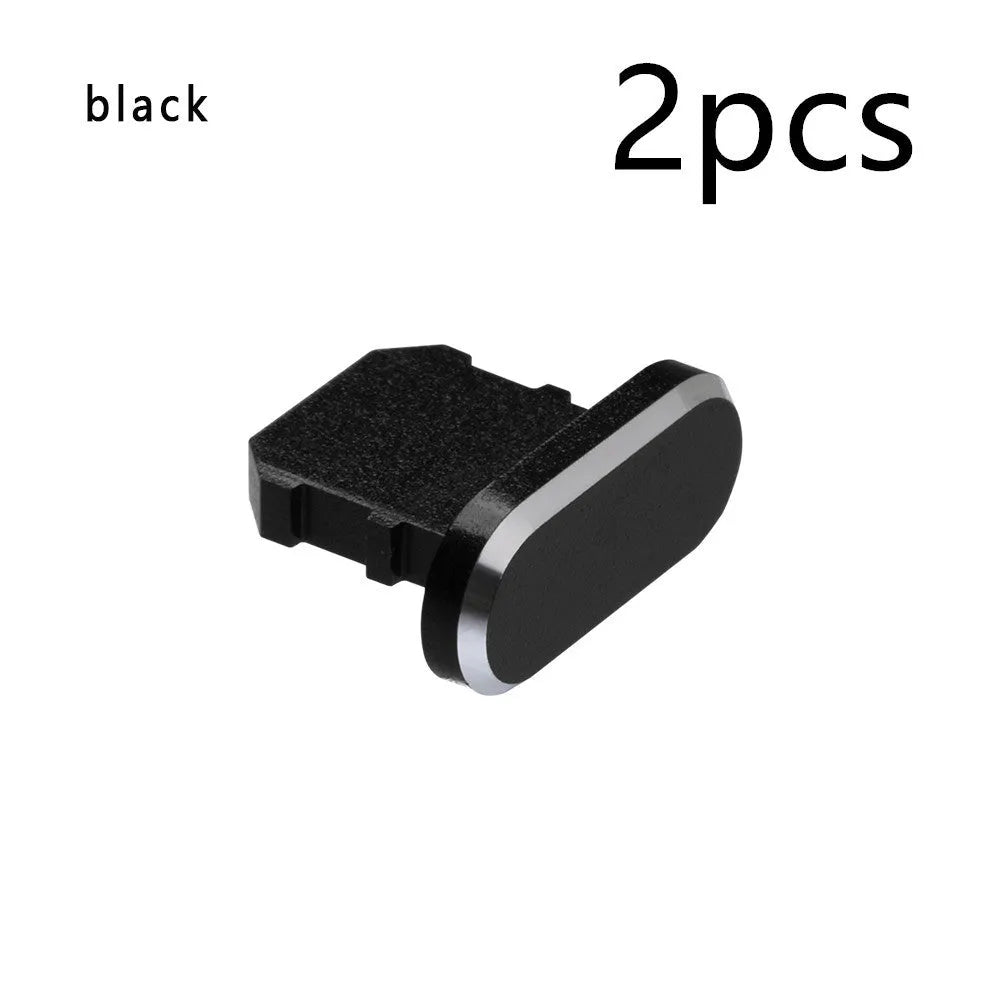 Aluminium alloy dust plug for iPhone charging port in various colours including gold, silver, blue, and rose gold.