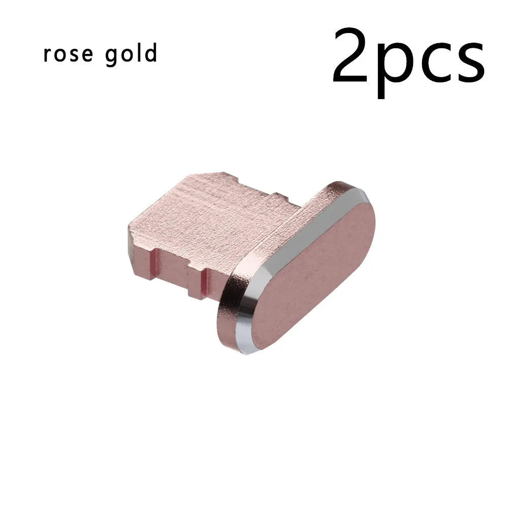 Aluminium alloy dust plug for iPhone charging port in various colours including gold, silver, blue, and rose gold.