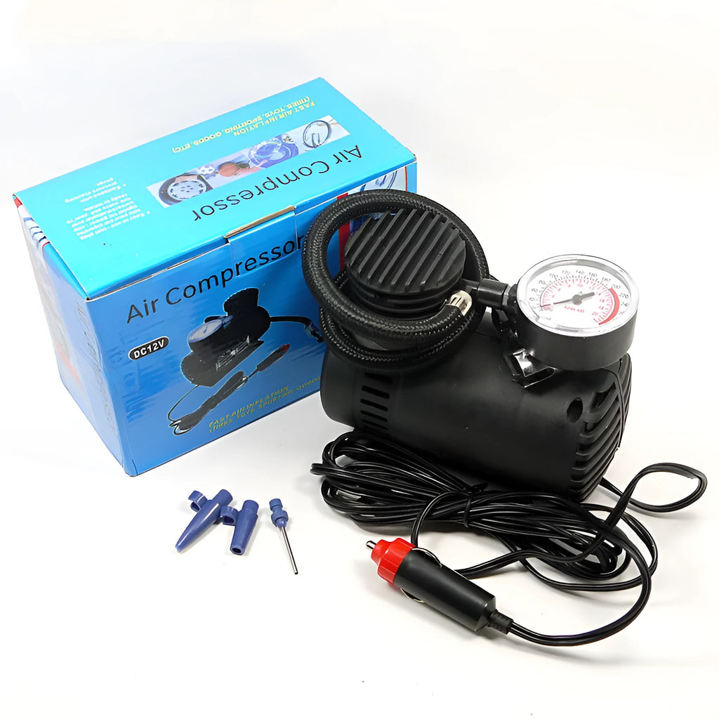 Black plastic 12V electric air pump with cigarette lighter plug and inflatable tube for car tyres