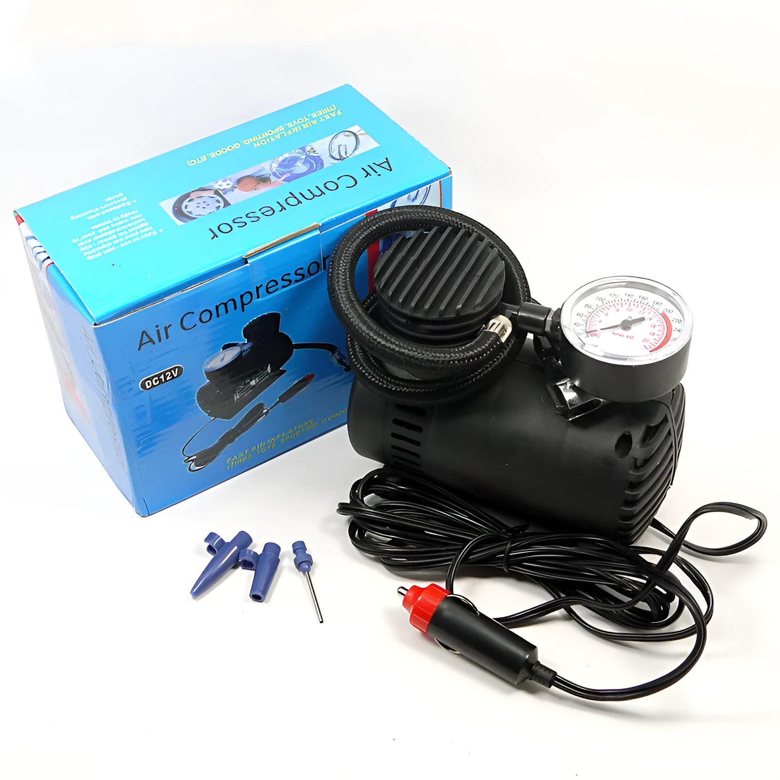 Black plastic 12V electric air pump with cigarette lighter plug and inflatable tube for car tyres
