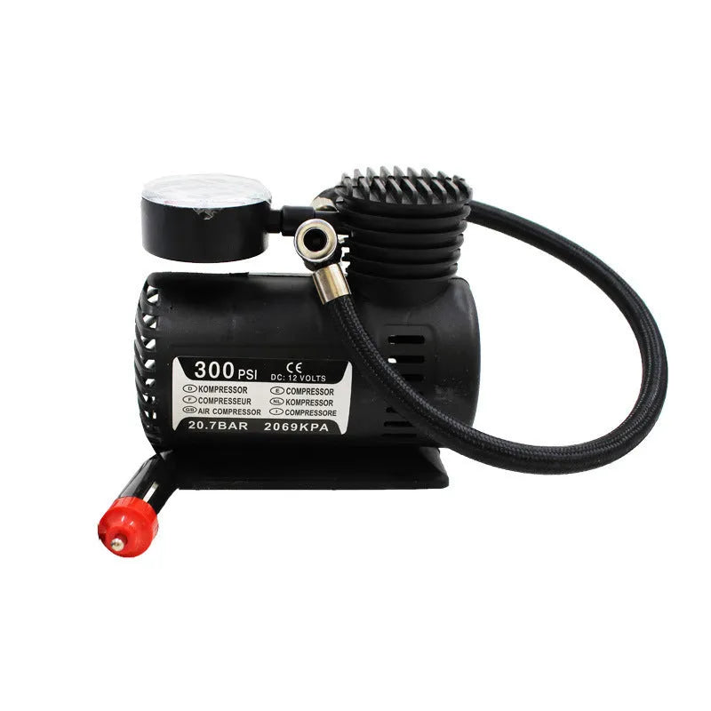 Black plastic 12V electric air pump with cigarette lighter plug and inflatable tube for car tyres