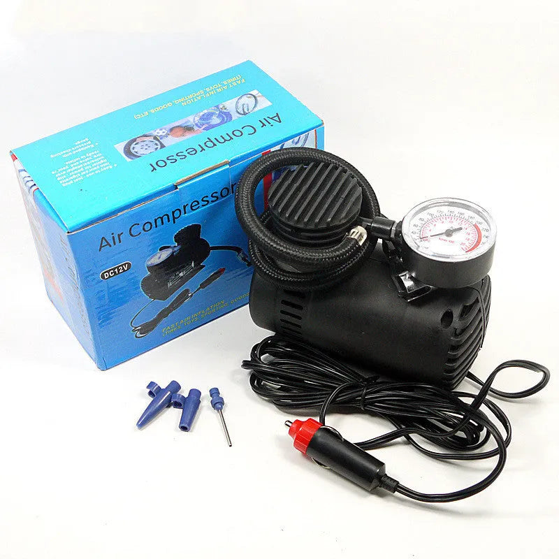 Black plastic 12V electric air pump with cigarette lighter plug and inflatable tube for car tyres