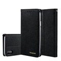 PU leather flip phone case for iPhone in various colours, showing closed front and open view with card slots.