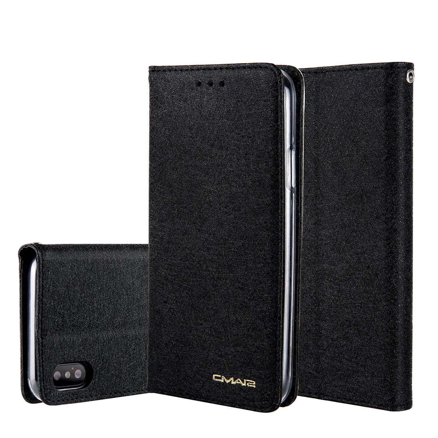PU leather flip phone case for iPhone in various colours, showing closed front and open view with card slots.