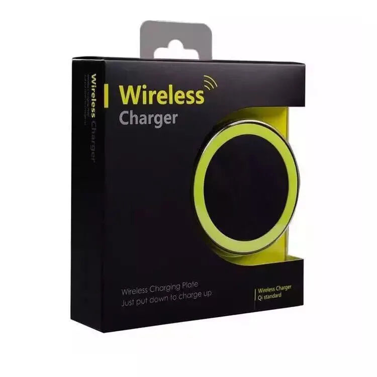 Square Qi wireless charging pad in one of six colours (Black, Blue, Orange, Red, White, Yellow) on a table.