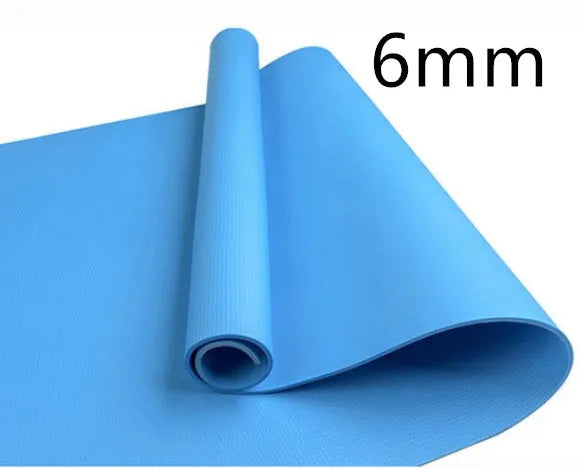 EVA yoga mat in blue showing thickness options of 4mm and 6mm with non-slip texture