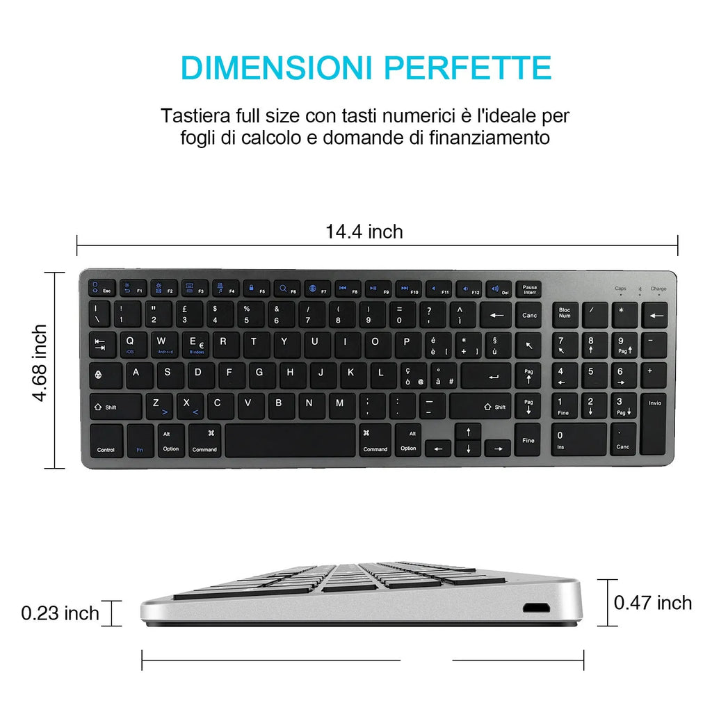 Ultra-thin white rechargeable Bluetooth keyboard for tablets and mobile phones.