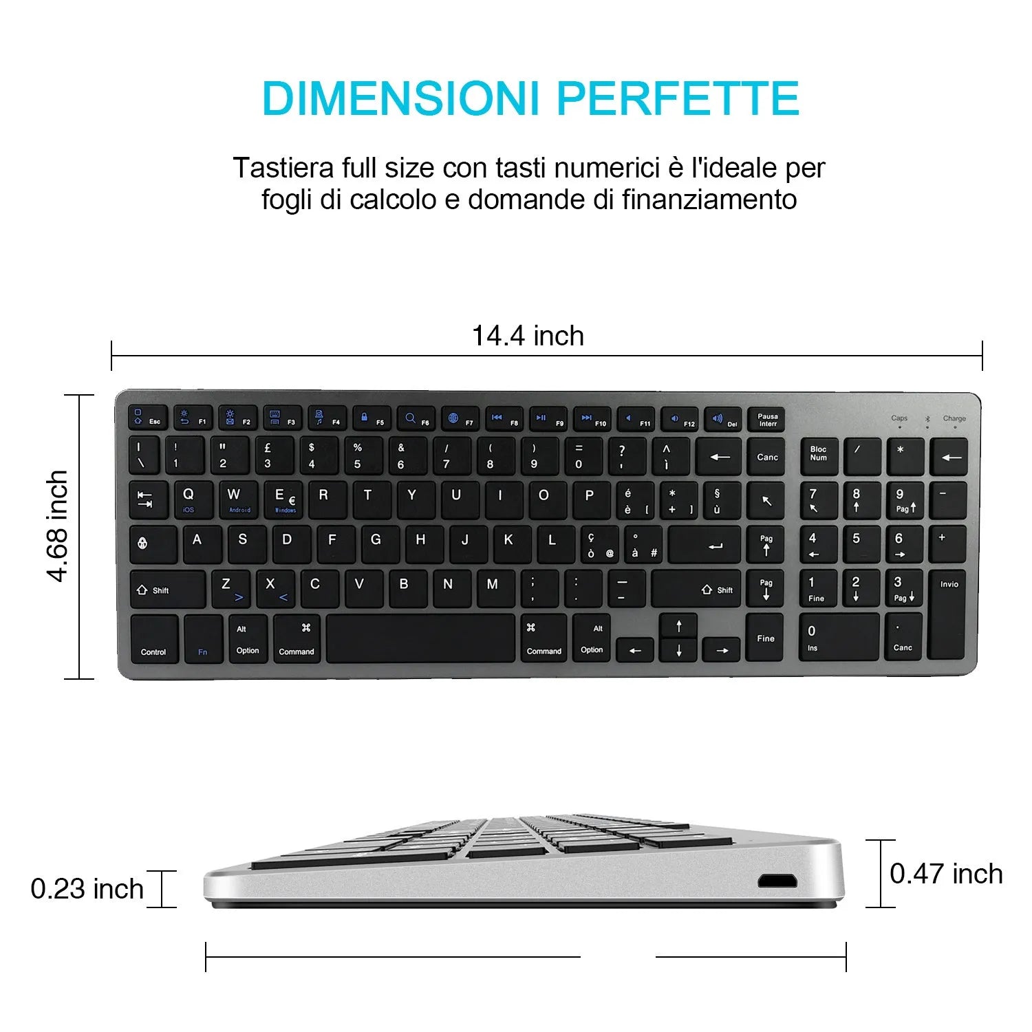Ultra-thin white rechargeable Bluetooth keyboard for tablets and mobile phones.