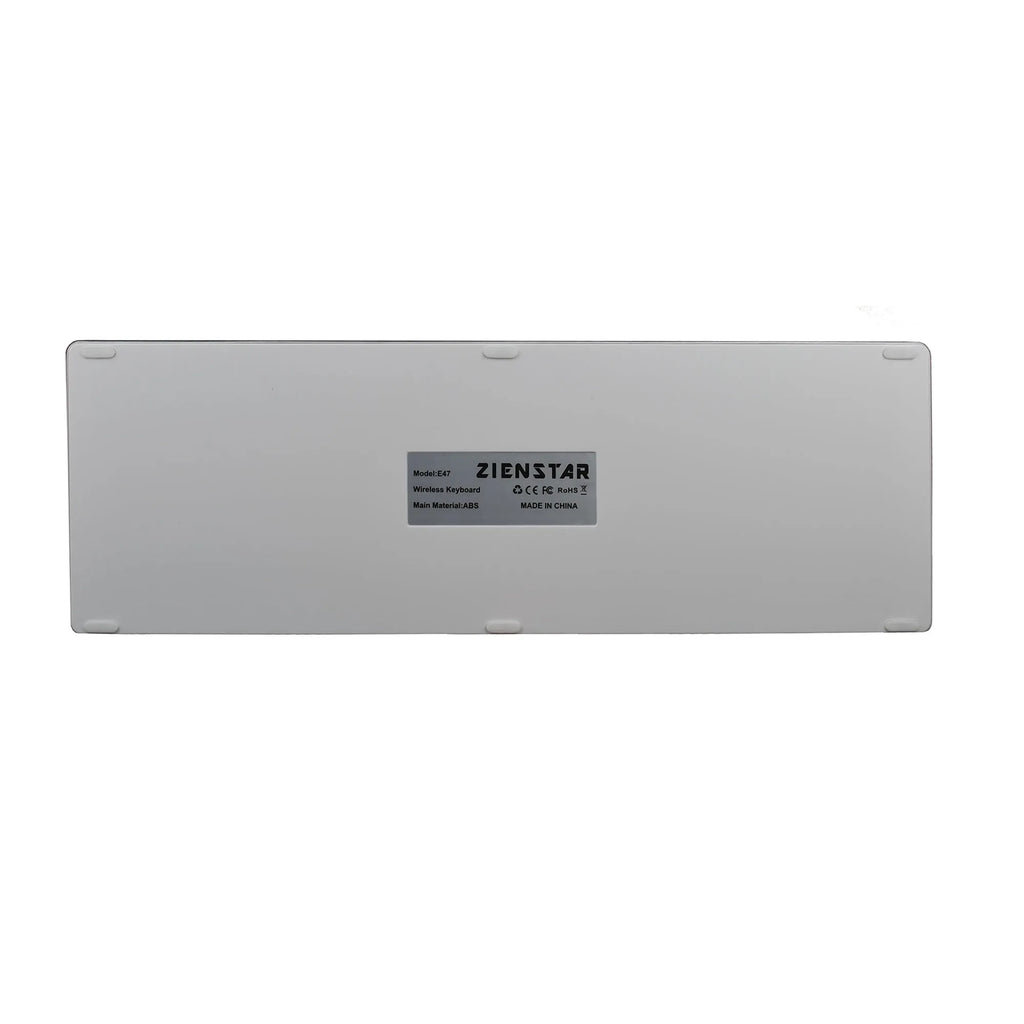 Ultra-thin white rechargeable Bluetooth keyboard for tablets and mobile phones.