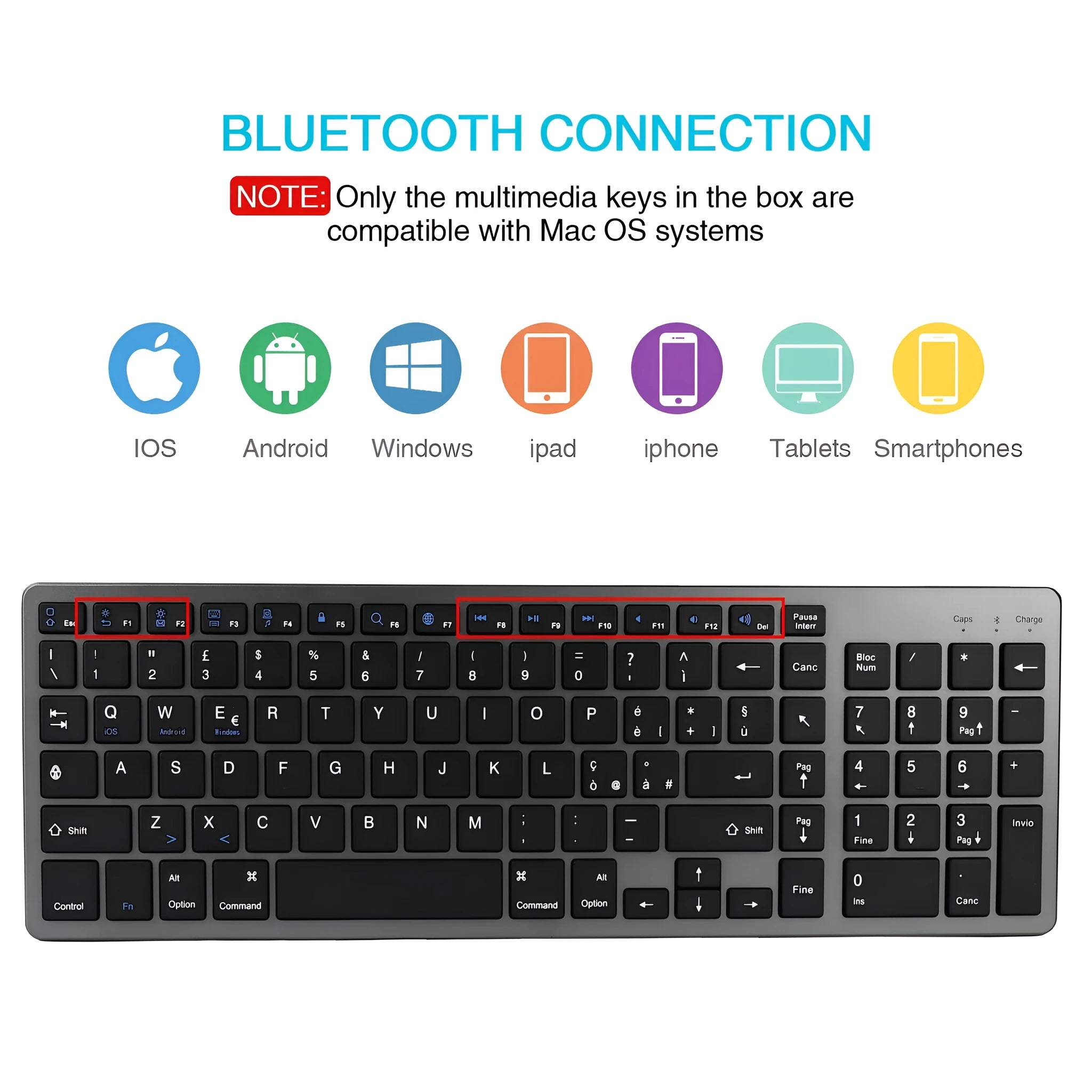 Ultra-thin white rechargeable Bluetooth keyboard for tablets and mobile phones.