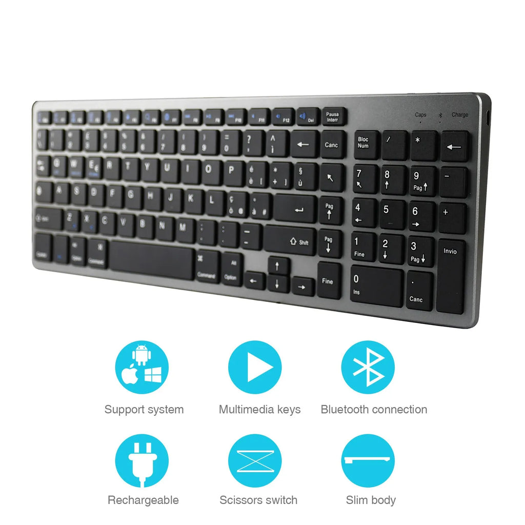Ultra-thin white rechargeable Bluetooth keyboard for tablets and mobile phones.