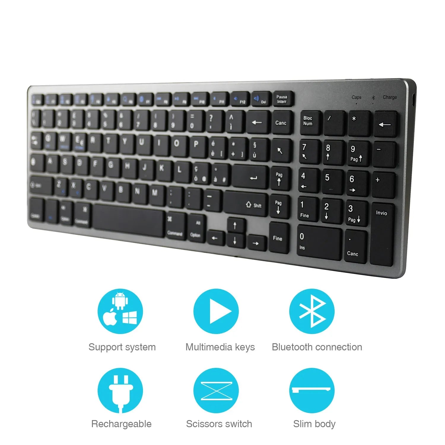 Ultra-thin white rechargeable Bluetooth keyboard for tablets and mobile phones.