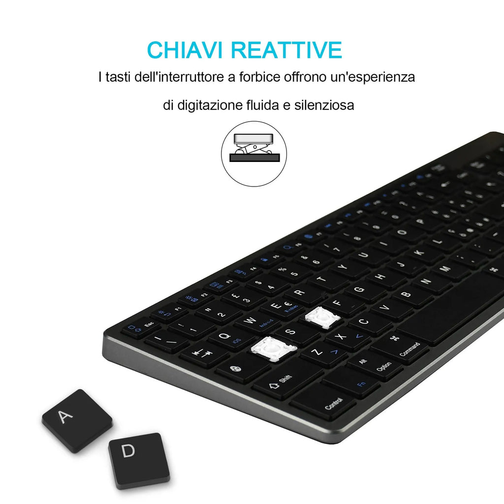 Ultra-thin white rechargeable Bluetooth keyboard for tablets and mobile phones.