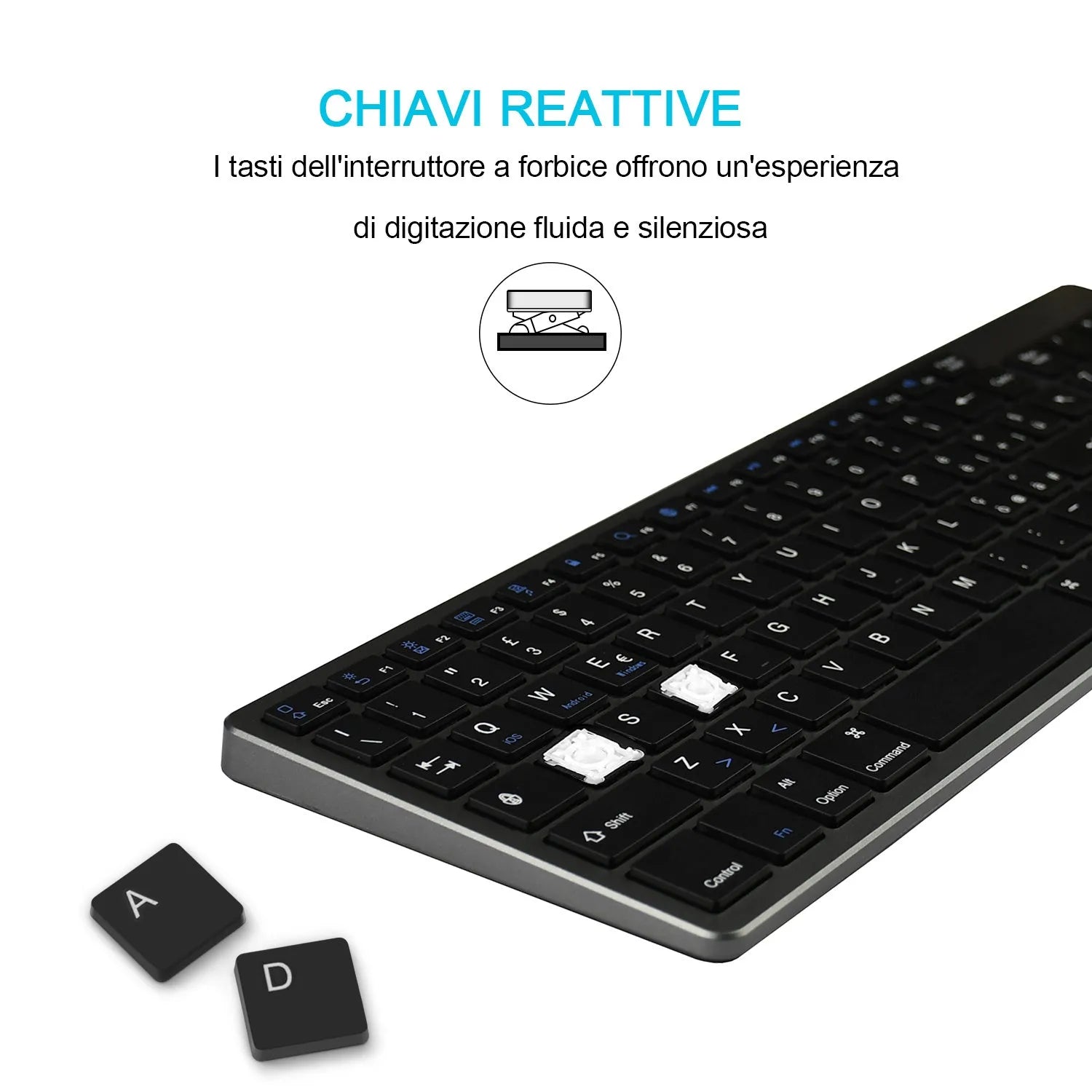 Ultra-thin white rechargeable Bluetooth keyboard for tablets and mobile phones.