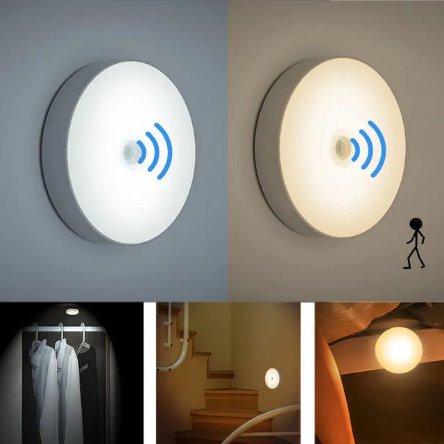 USB rechargeable motion sensor LED night light with 86mm diameter in beige or white