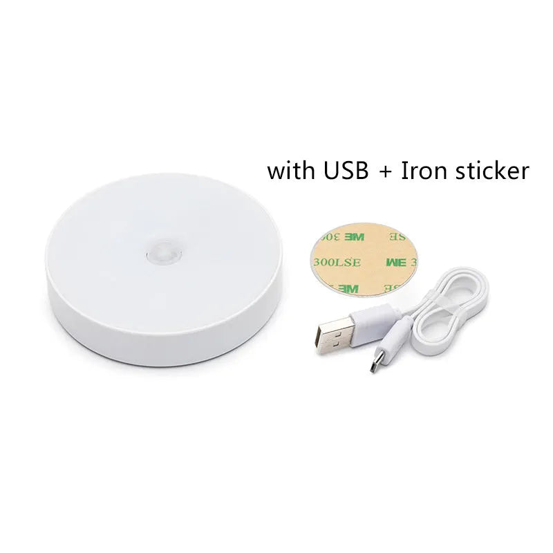 USB rechargeable motion sensor LED night light with 86mm diameter in beige or white