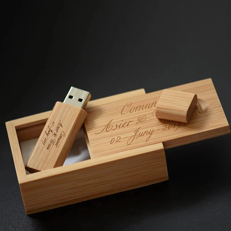32GB wooden USB flash drive in orange with free lettering, waterproof USB 2.0, on a neutral background